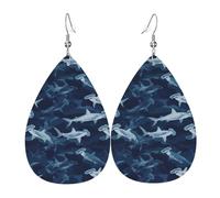 Blue Camo Hammerhead Shark Print Earrings for Women, Fashion Teardrop Leather Earrings for Women Trendy, Colorful Tear Drop Earring Jewelry