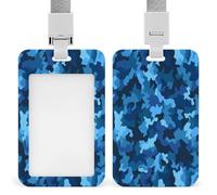 Blue Camo ID Badge Holder Waterproof Card Protector Push-Pull Slot Work ID Card Holder with Lanyard Personalized Detachable Card Holders for Office Corporate Use