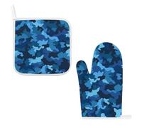 Blue Camo Oven Mitts & Pot Holders Set - 2 Pcs Heat Resistant Oven Gloves with Hanging Loop, Kitchen Potholder for Cooking, Baking, BBQ, Microwave