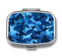Blue Camo Pill Box with 2 Compartments Portable Metal Medicine Organizer for Pocket Purse and Travel Compact Pill Case and Fish Oil Vitamins Supplements