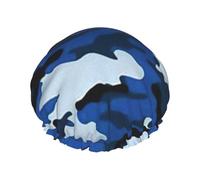 Blue Camo Print Double Layer Shower Cap Reusable Lightweight And Soft Bath Hair Cap For Women