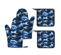 Blue Camo Printed Kitchen Set with Heat Resistant Oven Mitts & Non-Slip Pot Holders for Baking Grilling