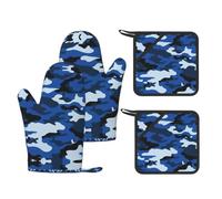 Blue Camo Printed Kitchen Set with Heat Resistant Oven Mitts & Non-Slip Pot Holders for Baking Grilling