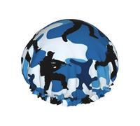 Blue Camo Printed Large Shower Cap, Double Layer Hair Protector For Facial Care, Reusable Hair Wrap