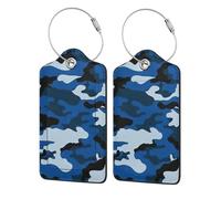 Blue Camo Printing Luggage Tags for Suitcases Pu Leather Luggage Tags Privacy Flip Cover, Stainless Steel Loop & Waterproof Address Card (1pack/2pack/4pack)