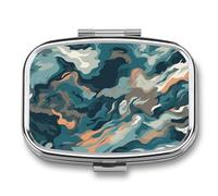 Blue Camouflage Pattern Pill Box 2 Compartment, Portable Pill Case with Mirror for Pocket Purse Travel, Mini Metal Medicine Organizer for Vitamins Fish Oil