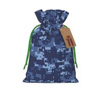 (Blue Camouflage Pattern) Printed Christmas S Size Gift Bags with Green Ribbon Drawstring Candy Bags for Kids Xmas Holiday Christmas Eve Presents