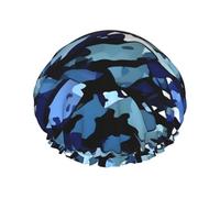 Blue Camouflage Print Shower Cap For Women, Reusable Shower Cap, Waterproof Bath Cap For Women Long Hair