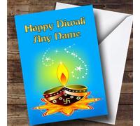 Blue Candle Personalised Diwali Card - Happy Diwali Card, Hindu Festival Happy Diwali Card, Personalised Card