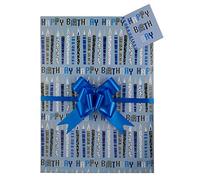 Blue Candles Happy Birthday Gift Wrap Pack, 2 Wrapping Paper Sheets, 2 Matching Tags and 2 Royal Blue Pull Bows, Arrives in an A4 Boarded Envelope for Protection,