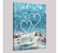 Blue Canvas Wall Art Two hearts on the beach 3D Print Pictures Artwork Framed Poster Wall Decor 60 x 40 cm Ready to Hang for Bedroom Office Bathroom Kitchen Hotel