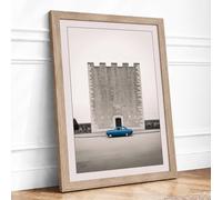 Blue Car at Concrete Tower Industrial Framed Wall Art Print A2 (59.4×42cm) Oak, Wall Decor for Living Room, Bedroom, Office & Home, Ready to Hang, Art Gift