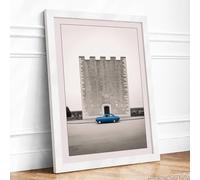 Blue Car at Concrete Tower Industrial Framed Wall Art Print A3 (42×29.7cm) White, Wall Decor for Living Room, Bedroom, Office & Home, Ready to Hang, Art Gift