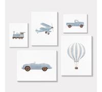 Blue Car Wall Art Decor Boys Room Canvas Poster Vintage Train Transportation Wall Art Watercolor Toddler Art Prints Blue Car Pictures Painting for Boy Bedroom Kids Nursery 8x10 Inch Framed Set of 5