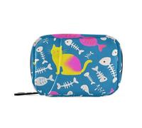 Blue Cartoon Cat Fish Bone Silhouette Medicine Bag for Traveling with Detachable Compartments Reusable Medicine Pill Organizer for Purse