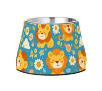 Blue Cartoon Cute Lions Bowl for Pets with Stand Stainless Steel Metal Pets Bowls for Medium Dogs Whisker Friendly