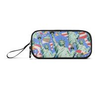 Blue Cartoon Fashion Statue of Liberty Nylon Pencil Bag Case High Capacity Zip Pencil Case Stationery for Elementary Kids