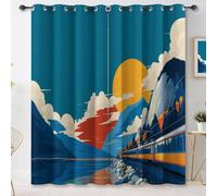 Blue Cartoon Natural Blackout Curtains for Bedroom, Train Mountains Lake Sun Clouds Printed Eyelet Thermal Insulated Curtain, 66 x 72 Inch 2 Panels Window Drapes Decor for Living Room