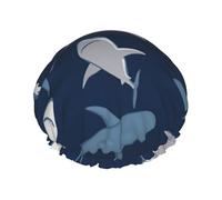 Blue Cartoon Shark Print Shower Cap,Elastic And Reusable Double Layer Waterproof Bathing Shower Hat
