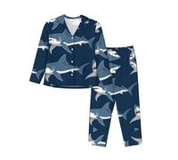 Blue Cartoon Shark Women'S Long Sleeved Pajama Set Top And Pants Loungewear Nighttime Sleep