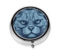 Blue cat Head Pattern Pill Box Metal Round Small Pill Case Cute 3 Compartment Pill Organizer Portable Travel Pillbox Mini Pill Container Holder for Daily Medicine Supplement Vitamin