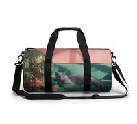 Blue Cat Laying on A Green Sofa Travel Gym Bag for Women Men Cylindrical Duffle Bag Sport Workout Bag with Shoulder Strap