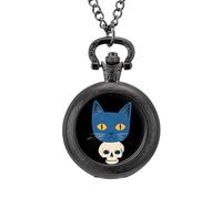 Blue Cat on A Skull Men's Pocket & Fob Watches Silent Ticking Quartz Alloy Chain Watch for Daily Use Black-Style