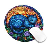 Blue Cat Stained Glass Mouse Pad, Colorful Floral Design Non-Slip Mousemat, Ideal for Spring & Summer Home Office Gaming Round 8x8 Inch