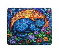 Blue Cat Stained Glass Mouse Pad, Colorful Floral Design Non-Slip Mousemat, Ideal for Spring & Summer Home Office Gaming Square 8x10 Inch