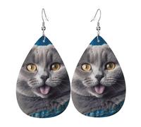 Blue cat sticking out tongue Earrings for Women Faux Leather Earring Teardrop Dangle Earrings Lightweight Jewelry Gift