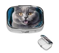 Blue Cat Sticking Out Tongue Pill Case Portable Square Pill Box 2 Compartment Pill Organizer Cute Travel Pill Container Vitamin Organizer for Purse Pocket Travel Gift