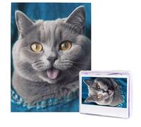 Blue cat Sticking Out Tongue Puzzles 500 Pieces Wooden Jigsaw Puzzle Personalized Picture Puzzles Modern Wall Art Family Decoration Photo Puzzle for Adults (20.4" x 15")