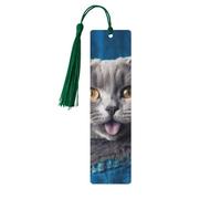 Blue cat Sticking Out Tongue Wood Bookmark for Book Lovers Birthday Teachers Gift, Handmade Craft Book Marks Ornaments with Tassel Exquisite Reading Page Markers for Men Women