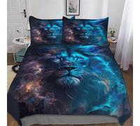 Blue Celestial Lion 3D Printed Fleece Quilt Cover Cosy Super Soft Duvet Cover Brushed Microfiber Comforter Cover Bedding 3 Pcs Set with Pillow Case for Kids, Youth And Adult Double (200x200cm)