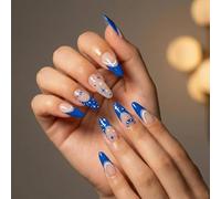 Blue Celestial Stiletto Press-On Nails with Moon and Star Design - Long Almond Glossy False Nails Set for French Manicure in Deep Blue and Nude Tones, Easy to Apply Reusable Kit for Women