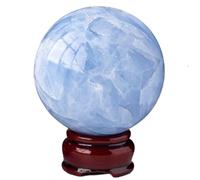 Blue Celestite Crystal Sphere Ball with Wood Stand Decorative Orbs Crystals Sculpture for Photography Prop Home Party Decoration Gift,7~7.5cm
