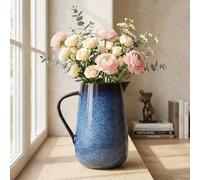 Blue Ceramic Pitcher Vase with Handles, Vintage Ceramic Jug Blue Home Decor Accents, Modern Rustic Farmhouse Pottery Vase - for Navy Table Decoration, Fireplace Entrance Decor Centerpieces