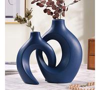 Blue Ceramic Vase for Modern Home Decor, Matte Snuggle Hollow Flower Vase Set of 2 for Table Centerpiece Office Bookshelf Living Room