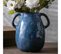 Blue Ceramic Vase with 2 Handles - Modern Farmhouse Rustic Decorative Terracotta Clay Boho Vase for Home Decor