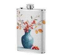 Blue Ceramic Vase with Red Berries Pocket Hip Flask 8 Oz, Stainless Steel Flagons for Dad Groomsman Wedding Travel Camping