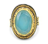 Blue Chalcedony Oval Faceted Gemstone Ring 925 Sterling Silver Black Rhodium Gold Plated Bezel Set Statement Cocktail Jewelry for Women X1/2,68(21.60)