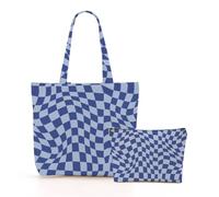 Blue Checkered Canvas Tote Bag Shopping Bag Reusable Grocery Bags with Pocket Makeup Bag Set for Work Travel Vacation Aesthetic Gifts for Women Girls Grandma Mom Birthday Friendship Appreciation