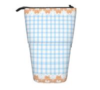 Blue Checkered Standing Pencil Case Lace Vintage Pen Pouch Holder Telescopic Pencil Bag Pop Up Cosmetics Bag Stationery Organizer for School Office Travel