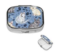 Blue Chinchillas and Moon Pill Box 2 Compartment Square Portable Pill Case for Pocket or Purse Small Weekly Medicine Planner Travel Pillbox with Mirror Decorative Metal Vitamin Holder Gifts