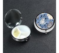 Blue Chinchillas and Moon Pill Box 3 Compartment Round Portable Pill Case for Pocket or Purse Small Weekly Medicine Planner Travel Pillbox with Mirror Decorative Metal Vitamin Holder Gifts