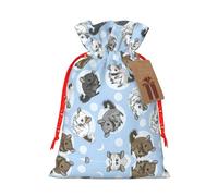 Blue Chinchillas And Moon Print Holiday Burlap Gift Bag With Drawstring, Small Party Favor Pouches For Christmas Gifting-S Size