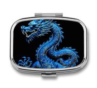 Blue Chinese Dragon Pill Box 2 Compartment Square Metal Pill Organizer Portable Mini Travel Medicine Case with Mirror Cute Medicine Container Holder for Pocket Purse