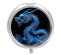 Blue Chinese Dragon Pill Box 3 Compartment Travel Pill Organizer 3 Times A Day Cute Mini Pill Case for Purse & Pocket Portable Metal Medicine Box with Mirror Round Daily Medicine Vitamin Container