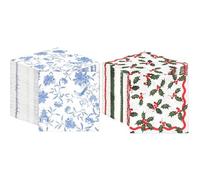 Blue Chinoiserie Napkins 100pk & Christmas Holly Napkins 100pk Disposable Eco-Friendly Party Tableware Bundle