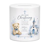 Blue Christening Money Box | Ceramic Religious Keepsake Gift for Boys | Teddy Bear Savings Bank